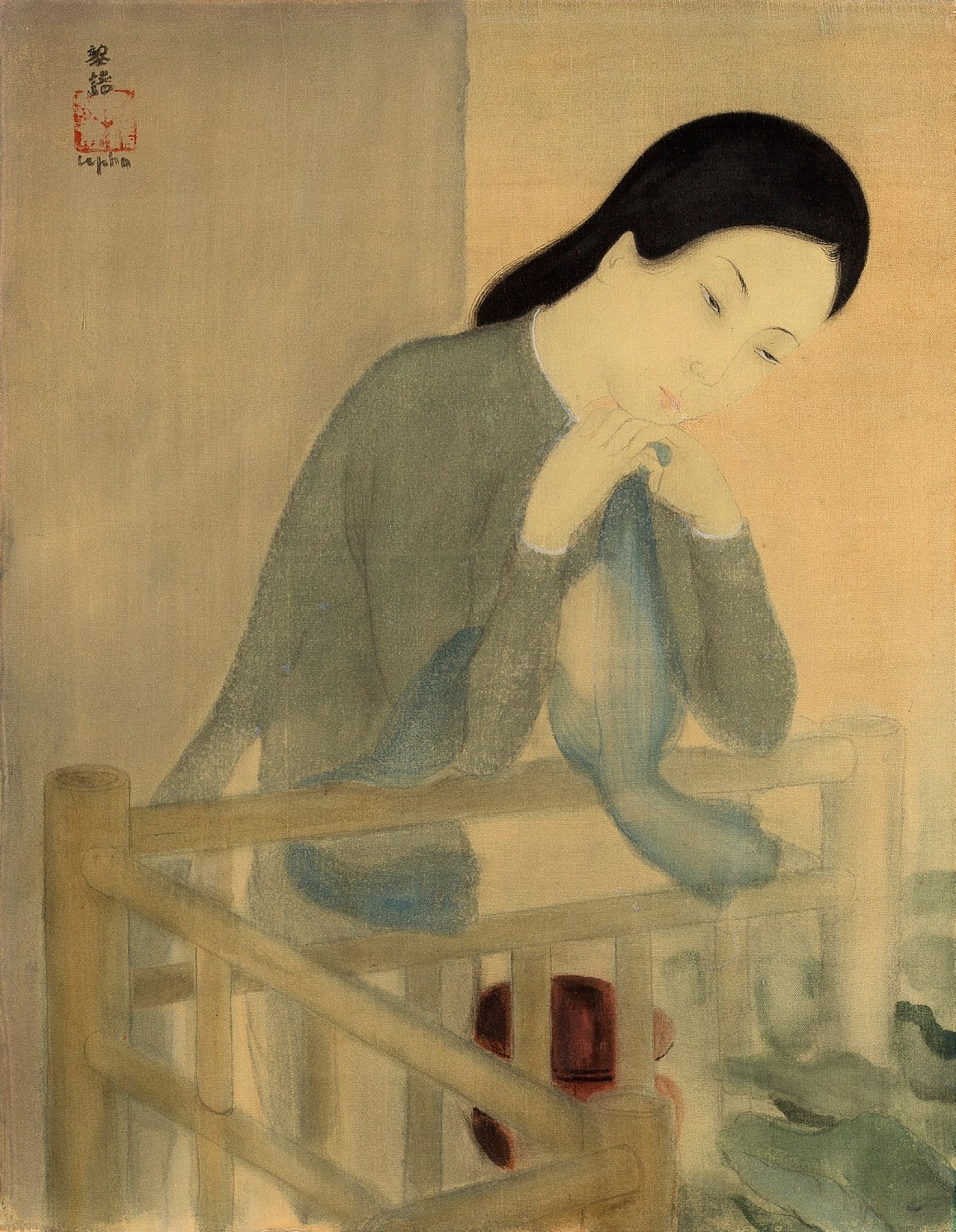 LÊ PHỔ (1907-2001) 阳台上的女人，约1935年
丝绸上的水墨和色彩，左上方有签名 
29.5 x 22.8 cm - 11 5/8 x 9 i&hellip;