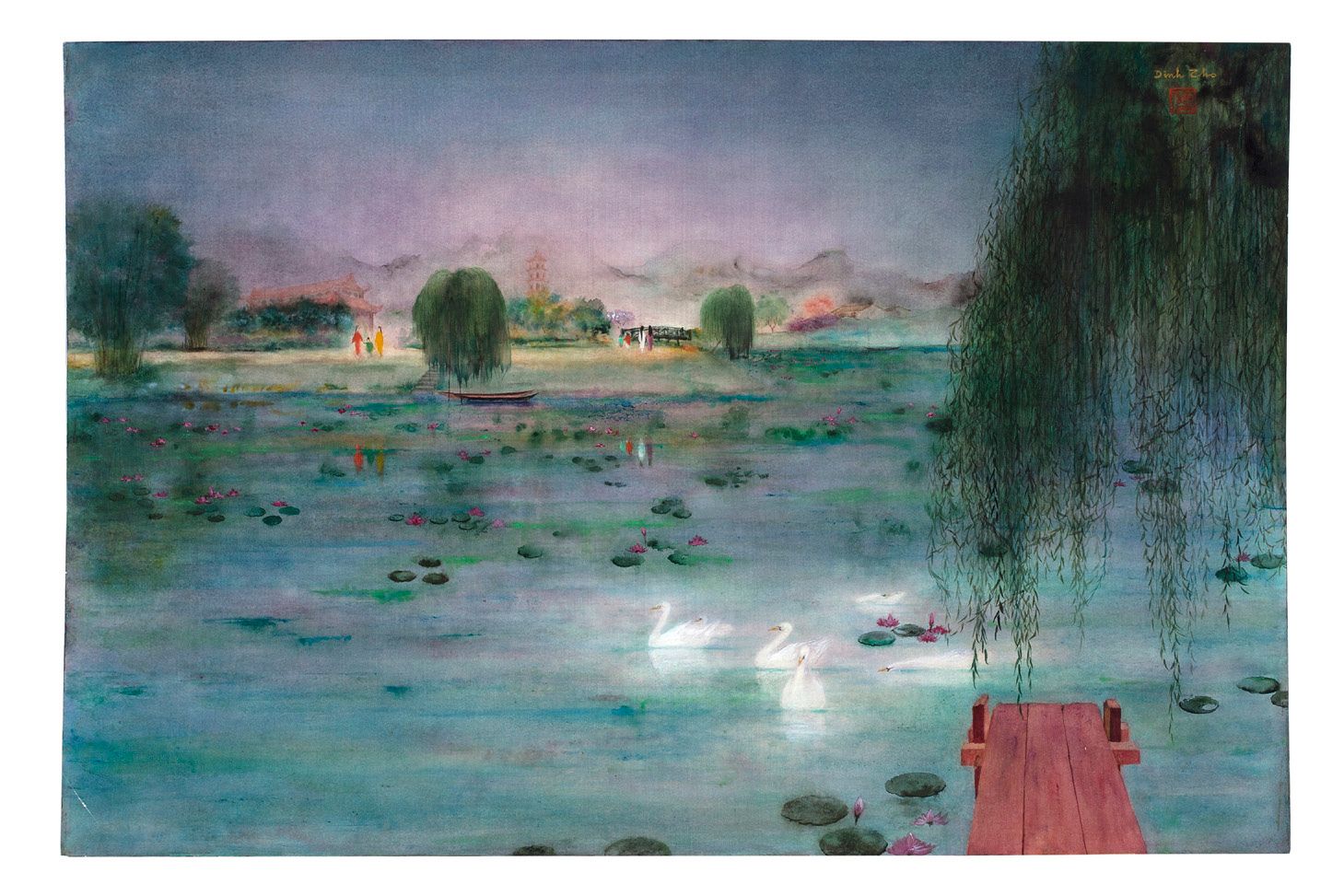 DINH THO (né en 1931) 湖上的天鹅
水墨和色彩在丝绸上，右上角有签名
54 x 81 cm - 21 1/4 x 31 7/8 in.