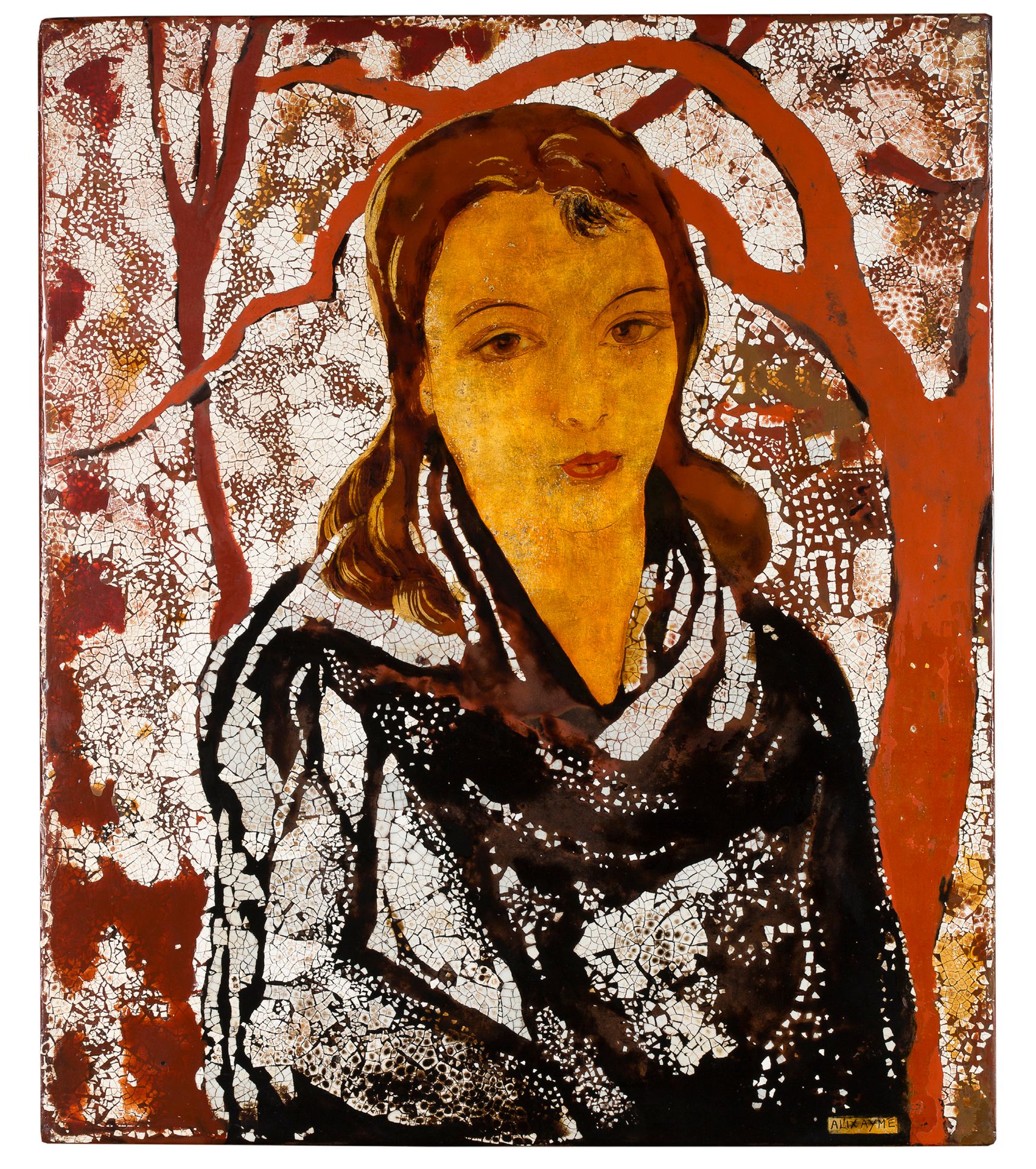ALIX AYMÉ (1894-1989) 年轻女子半身像，约1960年
漆器，蛋壳和金色亮点，右下方有签名
46 x 39,2 cm - 18 1/8 x 1&hellip;