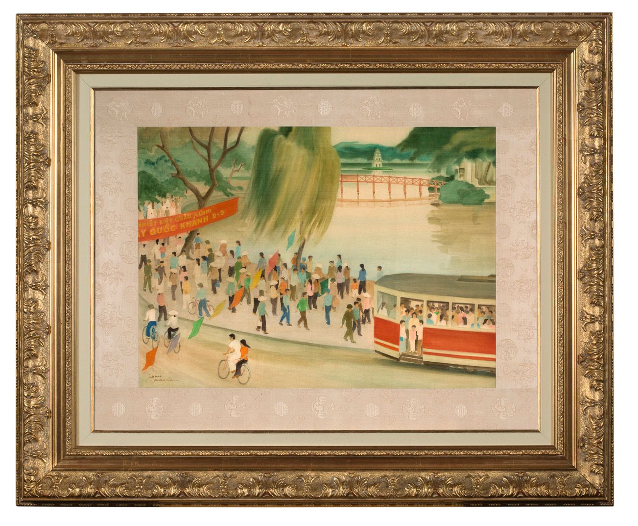 LƯƠNG XUÂN NHỊ (1913-2006) 国庆节庆祝活动在胡安基姆湖，约1970年
丝绸上的水墨和色彩，左下方签名
38 x 52,2 cm 视图 &hellip;