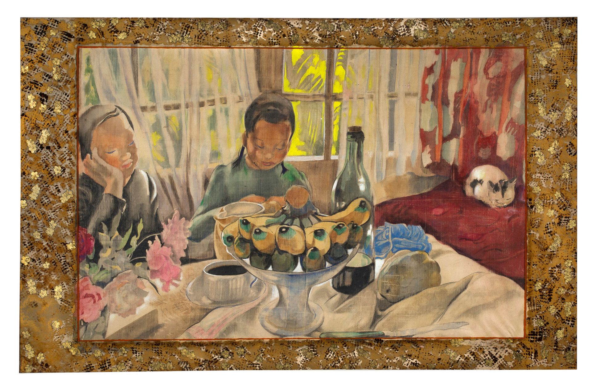 ALIX AYMÉ (1894-1989) 小吃。在艺术家的工作室里、
河内，约1940年
水墨、水彩和水粉画在丝绸上，右下方有签名。作品以艺术家在玻璃下绘制的&hellip;