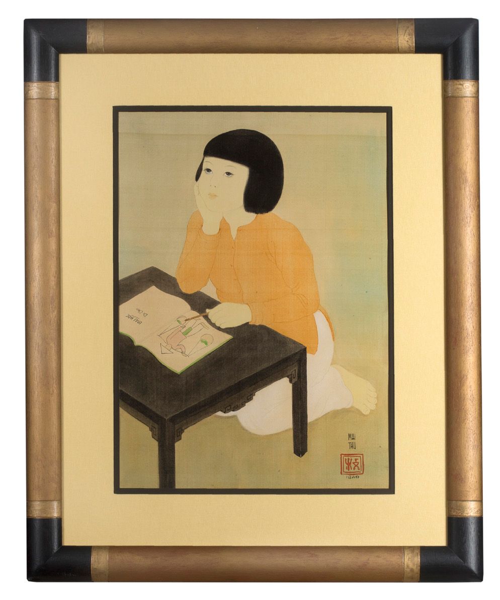 MAI TRUNG THỨ (1906-1980) 教训》，1940年
丝绸上的水墨和色彩，右下方有签名和日期 
36,8 x 26,2 cm - 14 1/2&hellip;
