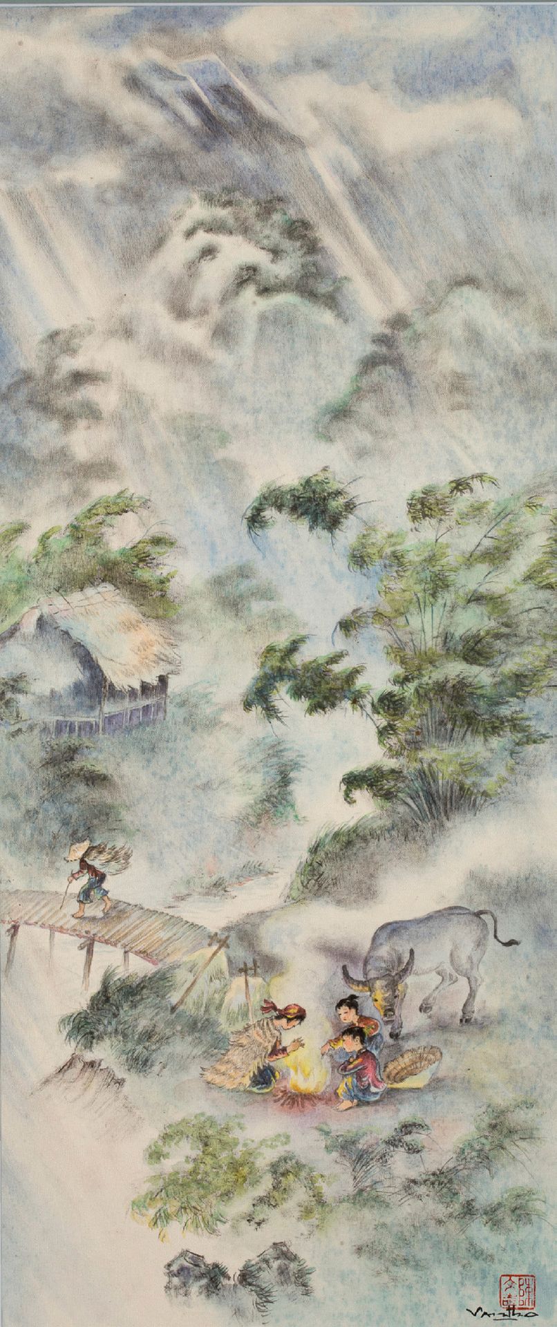 TRẦN VĂN THỌ (1917-2004) 冬天
丝绸上的水墨和色彩，右下方有签名 
57,5 x 25 cm - 22 5/8 x 9 7/8 in.
&hellip;