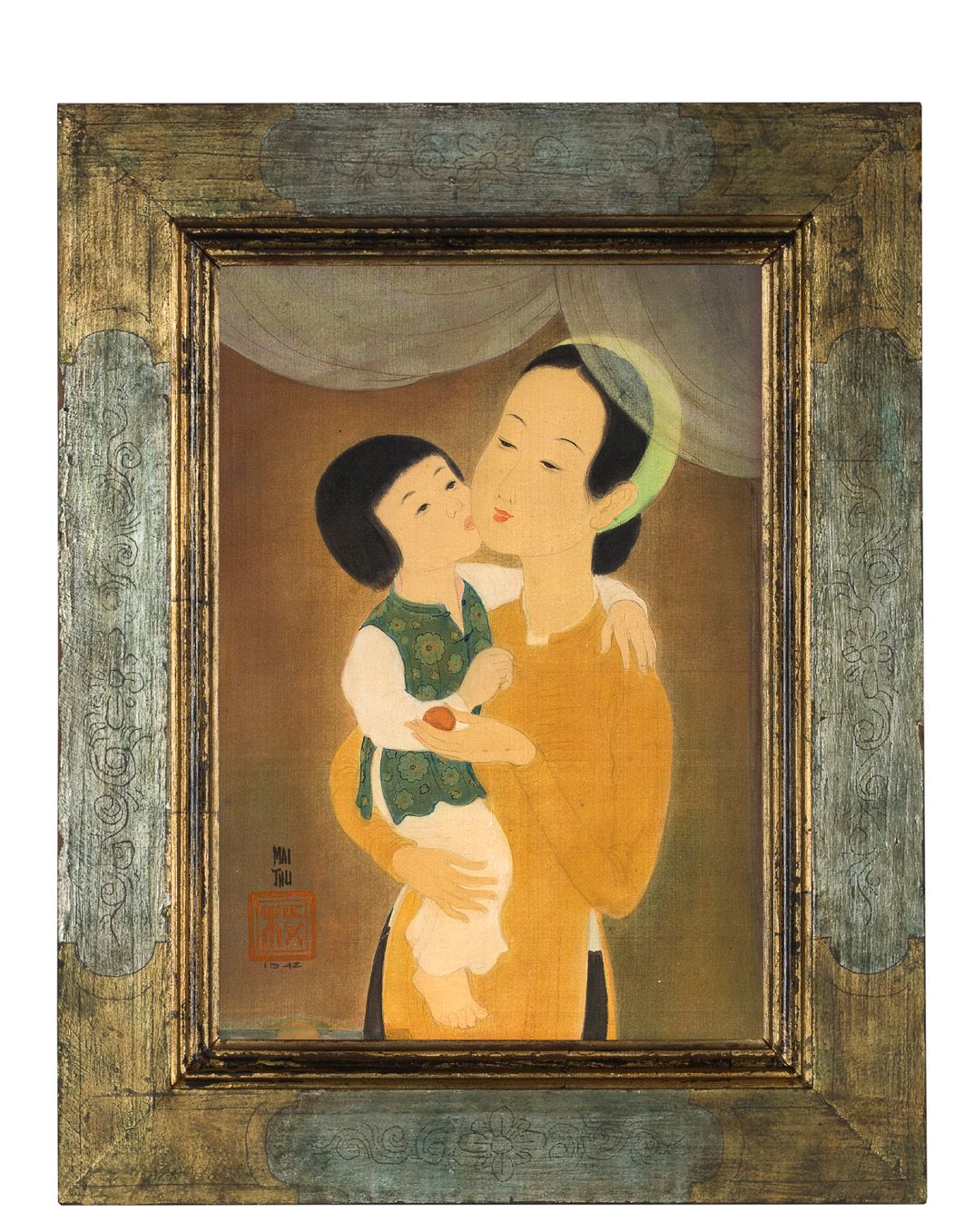 MAI TRUNG THỨ (1906-1980) 孕妇与水果，1942年
丝绸上的水墨和色彩，左下方有签名和日期。装在艺术家自己制作的原框中 
32.2 x &hellip;
