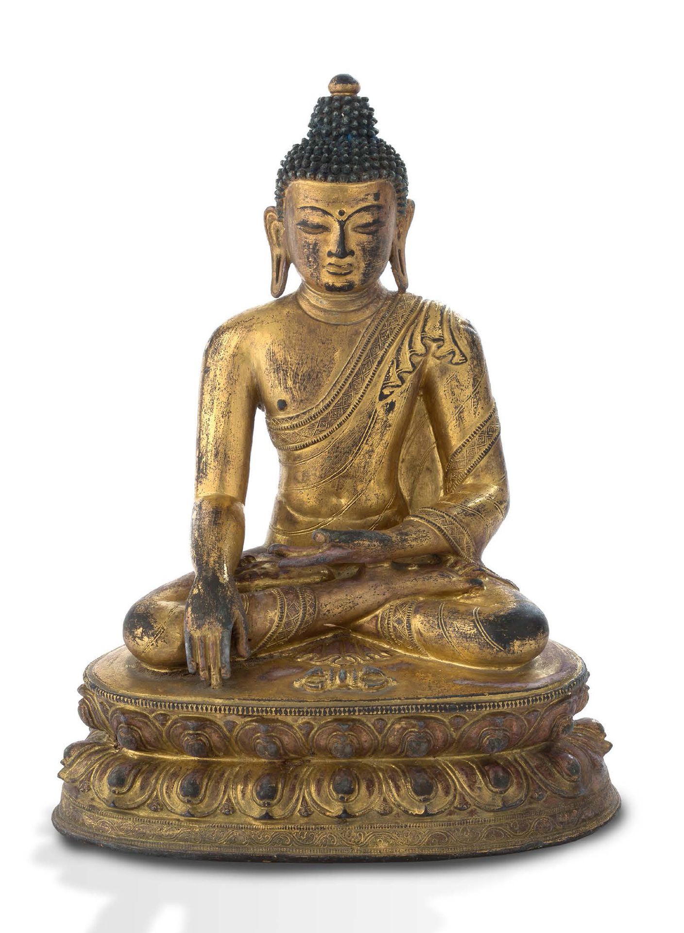 TIBET XVe SIÈCLE = Statua in lega di rame dorato raffigurante Shakyamuni Buddha &hellip;