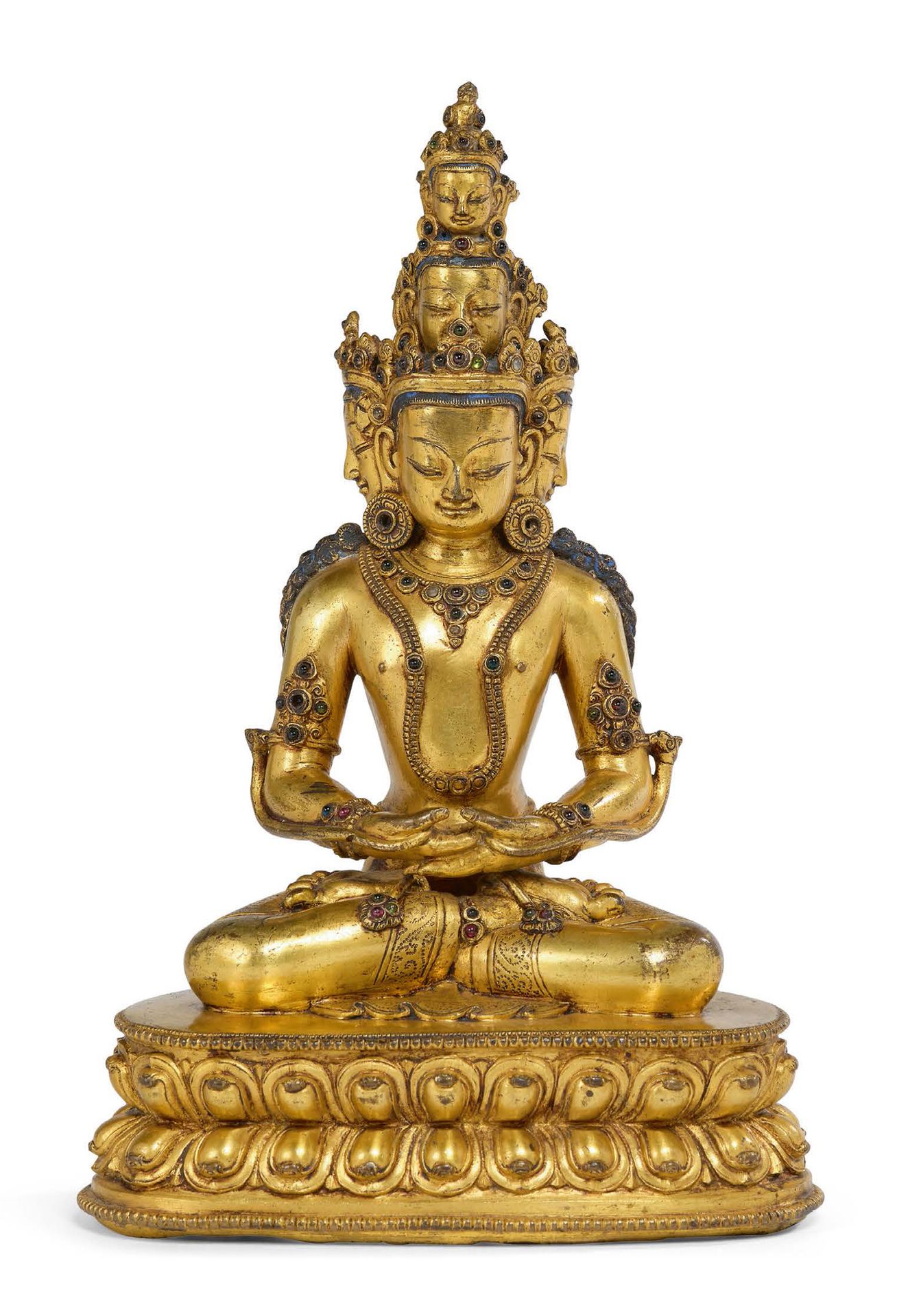 TIBET XVIe - XVIIe SIÈCLE = Statue aus vergoldeter Bronze und Hartsteineinlagen,&hellip;