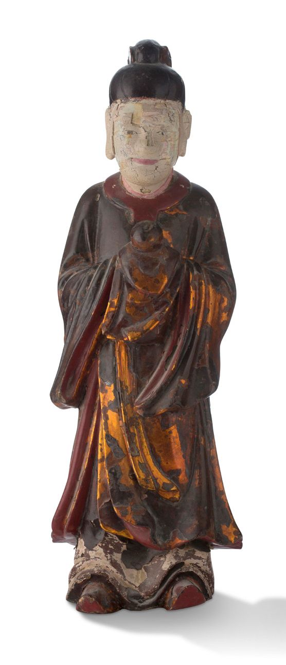 VIETNAM XIXe SIÈCLE Statue en bois laqué et doré, représentant un attendant debo&hellip;