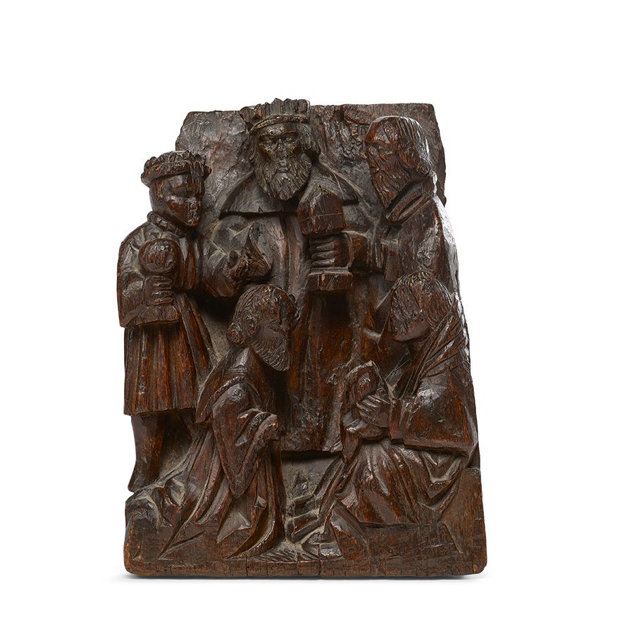 Null 雕刻在橡木上的手推车部件，表现了Magi的崇拜，北欧作品，15世纪。
高度：34.5厘米 - 宽度：20厘米深度：8厘米
(事故和修复)