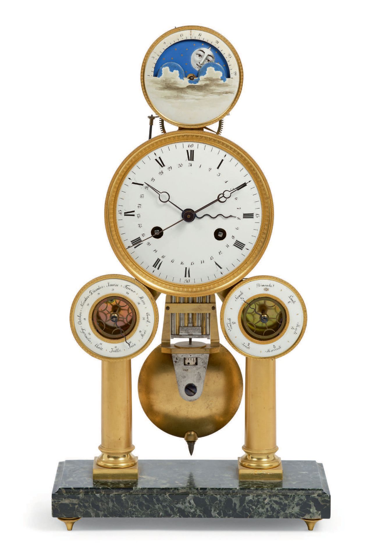 SARTON, Liège - Fin XVIIIe siècle 天文骨架钟 
显示日期、月相和年龄。中央部分位于两根镀金的黄铜柱子上，支撑着两个辅助的镂空表&hellip;