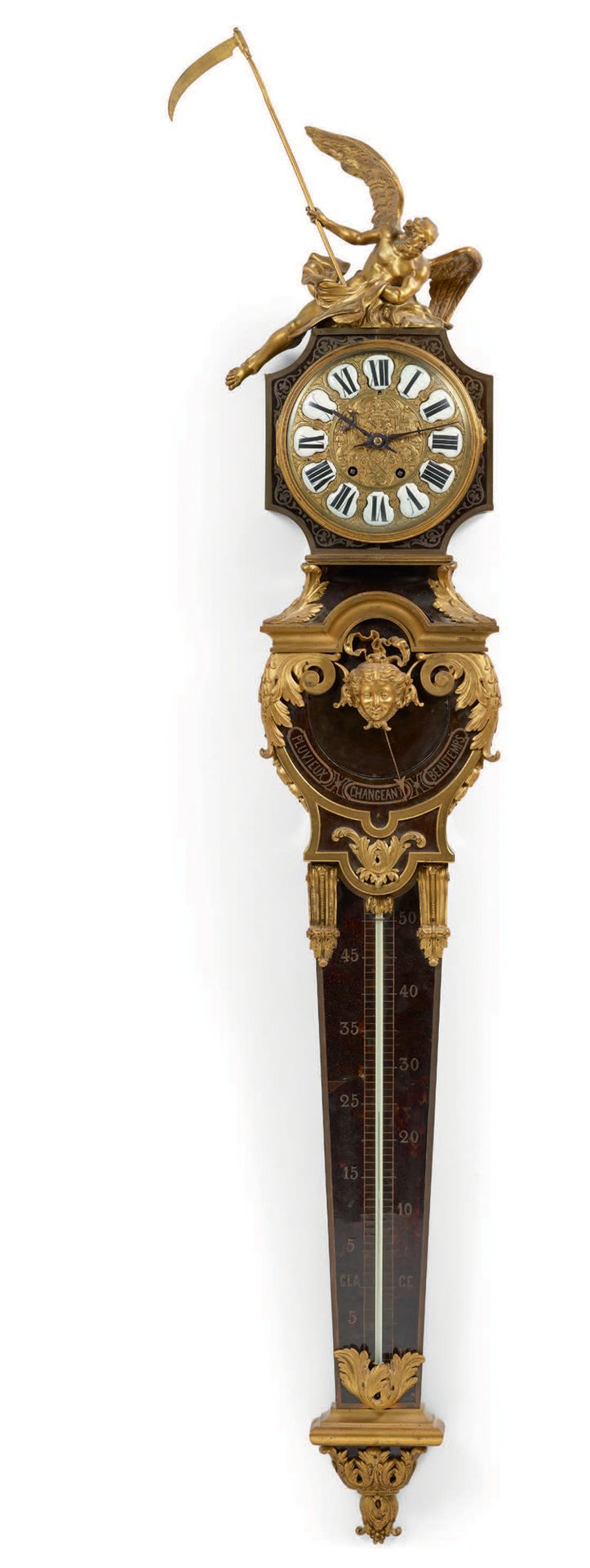 ATTRIBUÉ À HENRY DASSON - Fin XIXe siècle 路易十五风格挂钟 
黑檀木和黄铜镶嵌，有丰富的装饰，显示时钟、气压计和温度计&hellip;