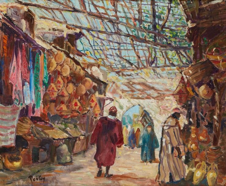 Henri Jean PONTOY (1888-1968) Le marché de Marrakech Huile sur toile, signée en &hellip;