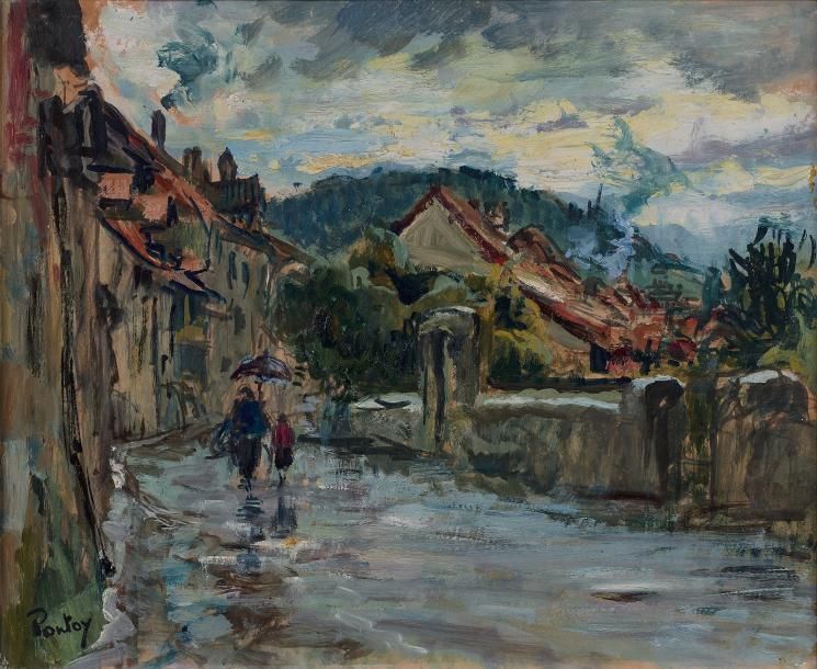 Henri Jean PONTOY (1888-1968) 
La rue Sanovie, Yenne (Savoie)
Huile sur carton, &hellip;