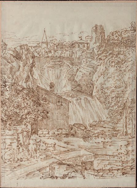 Ecole Italienne du XVIIIe siècle Paysage au village de montagne et à la cascade
&hellip;