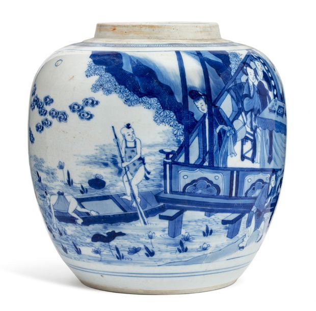 CHINE 
Pot à gingembre en porcelaine blanche, à décor en bleu sous couverte d'un&hellip;