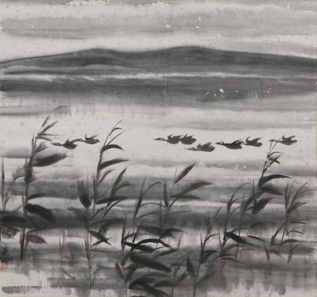 LIN FENGMIAN (1900-1991) 
Vol de cormorans
水墨画，左下角落款和印章
Đàn cuốc
Mực trên giấy, &hellip;