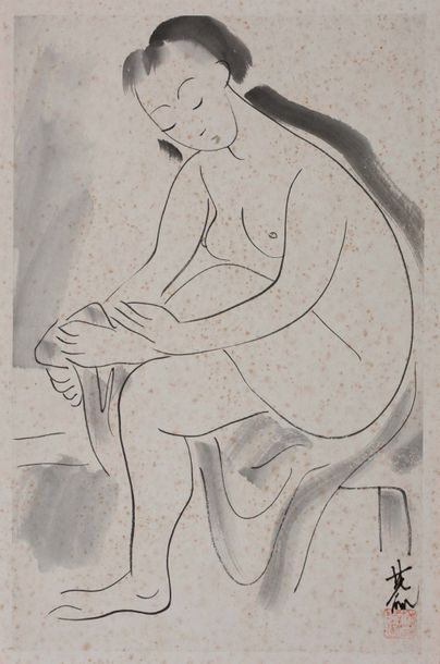 LIN FENGMIAN (1900-1991) 
Après le bain
出浴图
水墨画，右下角落款和印章
Đi tắm
Mực trên giấy, k&hellip;