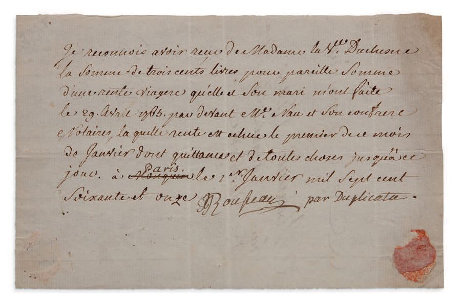 ROUSSEAU Jean-Jacques (1712-1778) P.S. «JJRousseau par Duplicata», 1er janvier 1&hellip;