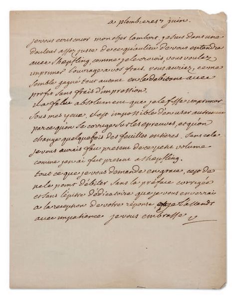 VOLTAIRE (1694-1778) L.A.S. «V», Plombières 7 juin [juillet 1754], à Michel LAMB&hellip;