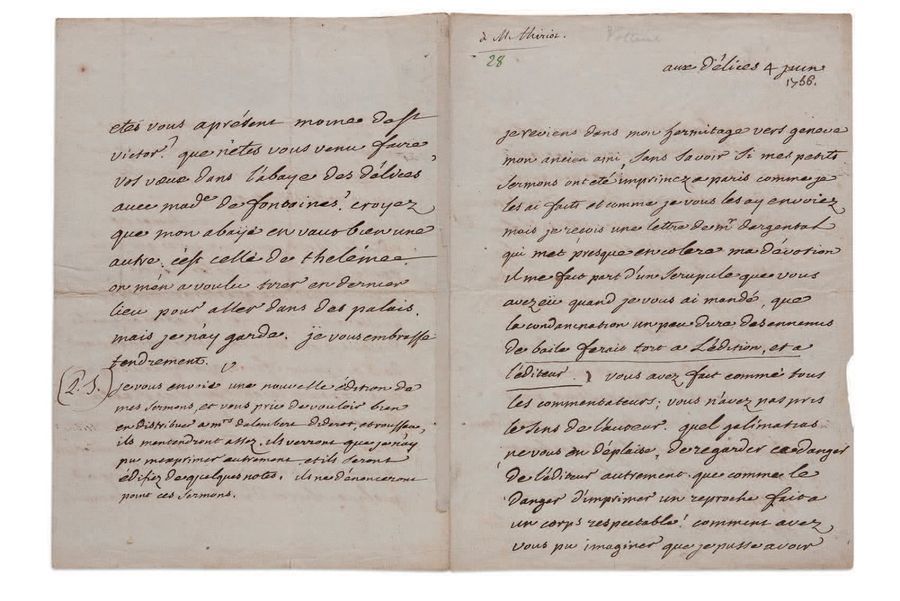 VOLTAIRE (1694-1778) L.A.S. «V», aux Délices 4 juin [1756], à Nicolas-Claude THI&hellip;