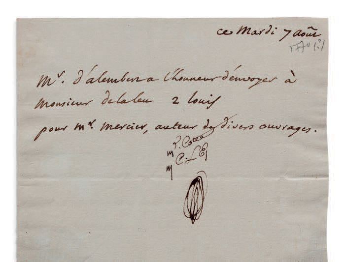 ALEMBERT JEAN LE ROND D'(1717-1783) L.A. Signée en tête, 7 août [1770], au notai&hellip;