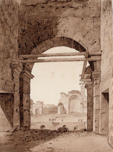 JOSEPH FRÉDÉRIC DEBACQ Temple de Vénus à Rome, et Arc de Titus vus du 1er étage &hellip;