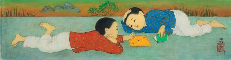 MAI TRUNG THU 梅忠恕 (1906-1980) 
Deux enfants couchés, 1973
Encre et couleurs sur &hellip;