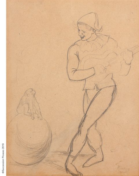 Pablo Picasso (1881-1973) 
Arlequin et singe, 1918
Crayon sur papier, signé en b&hellip;