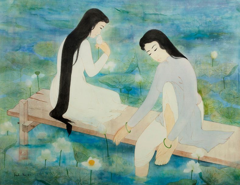 DINH THO (1931) Deux femmes aux nénuphars, 1972
Encre et couleurs sur soie, sign&hellip;