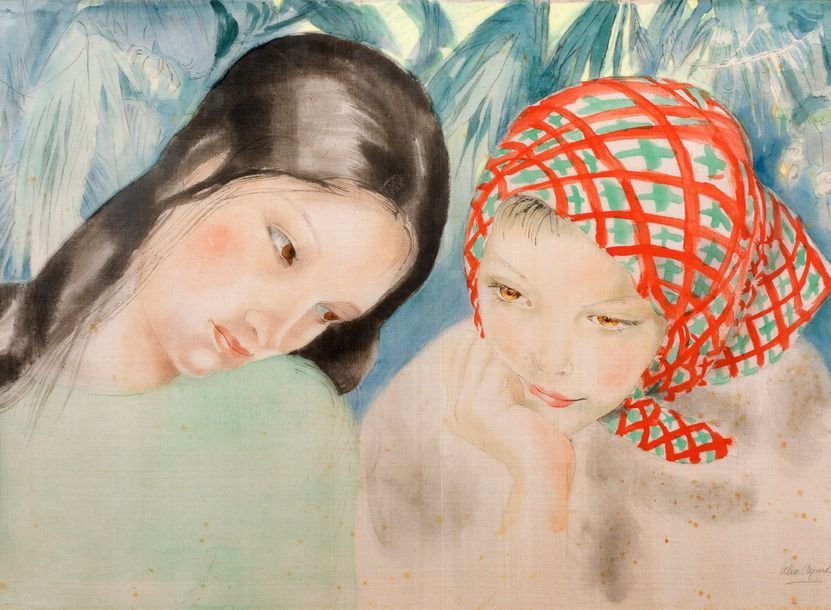 Alix AYMÉ (1894-1989) Deux jeune filles pensives
Ink and color on silk, signed l&hellip;