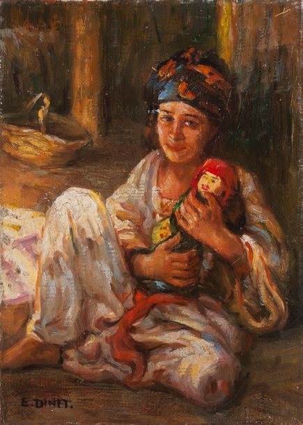 Etienne ALPHONSE DINET (1861-1929) 
Fillette et sa poupée
Huile sur toile, signé&hellip;