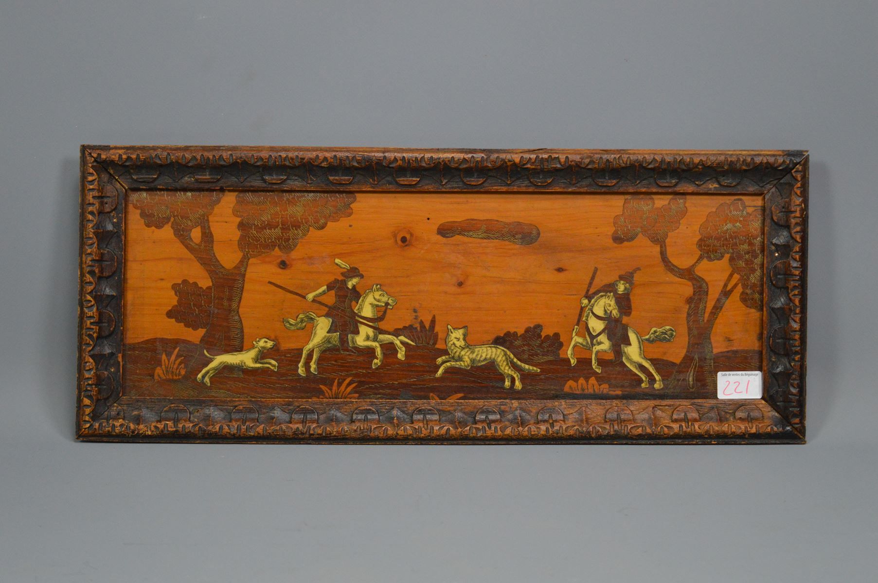 Null Tableau en marqueterie de bois et d'os, "Scène de chasse", 49x16cm