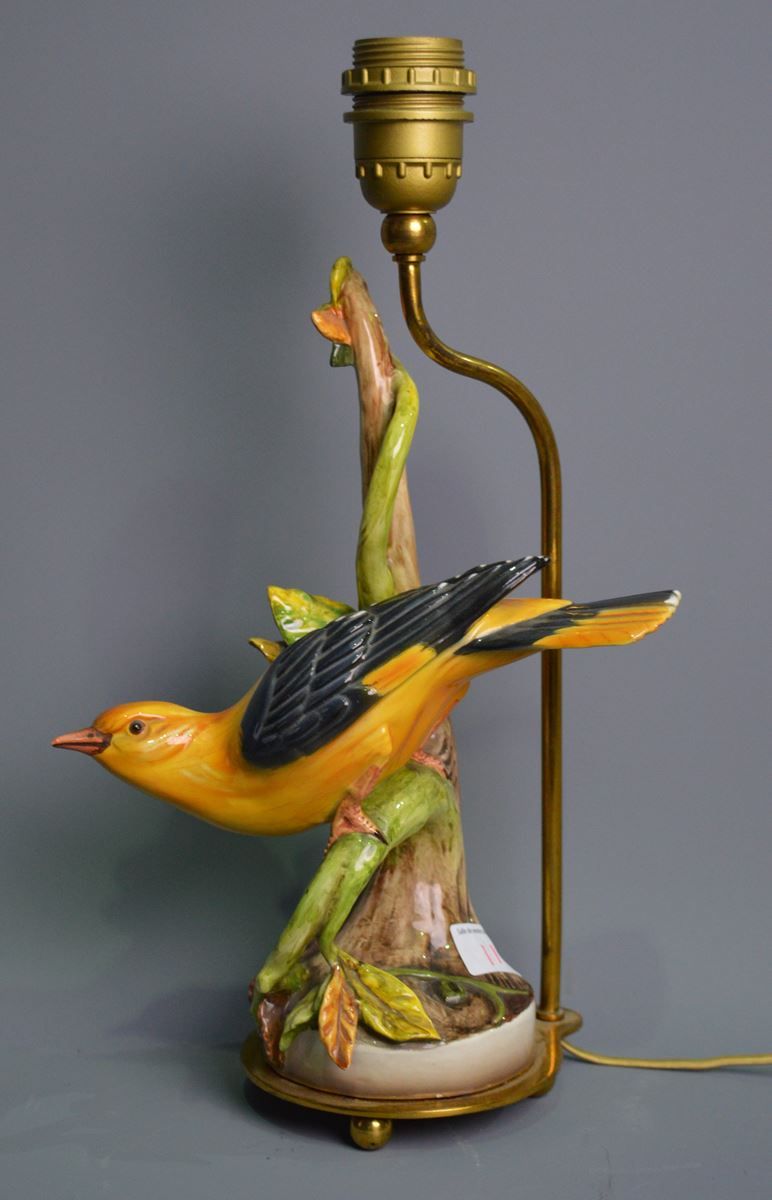 Null Base de lámpara "Pájaro", bronce y loza, Altura: 38cm