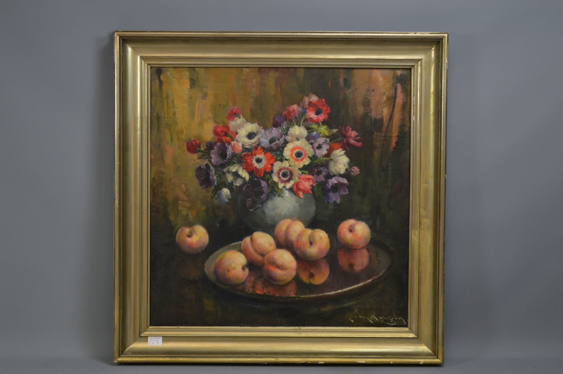 Null HST. Nature with peaches' signed lower left E. Mangin, 65x65cm