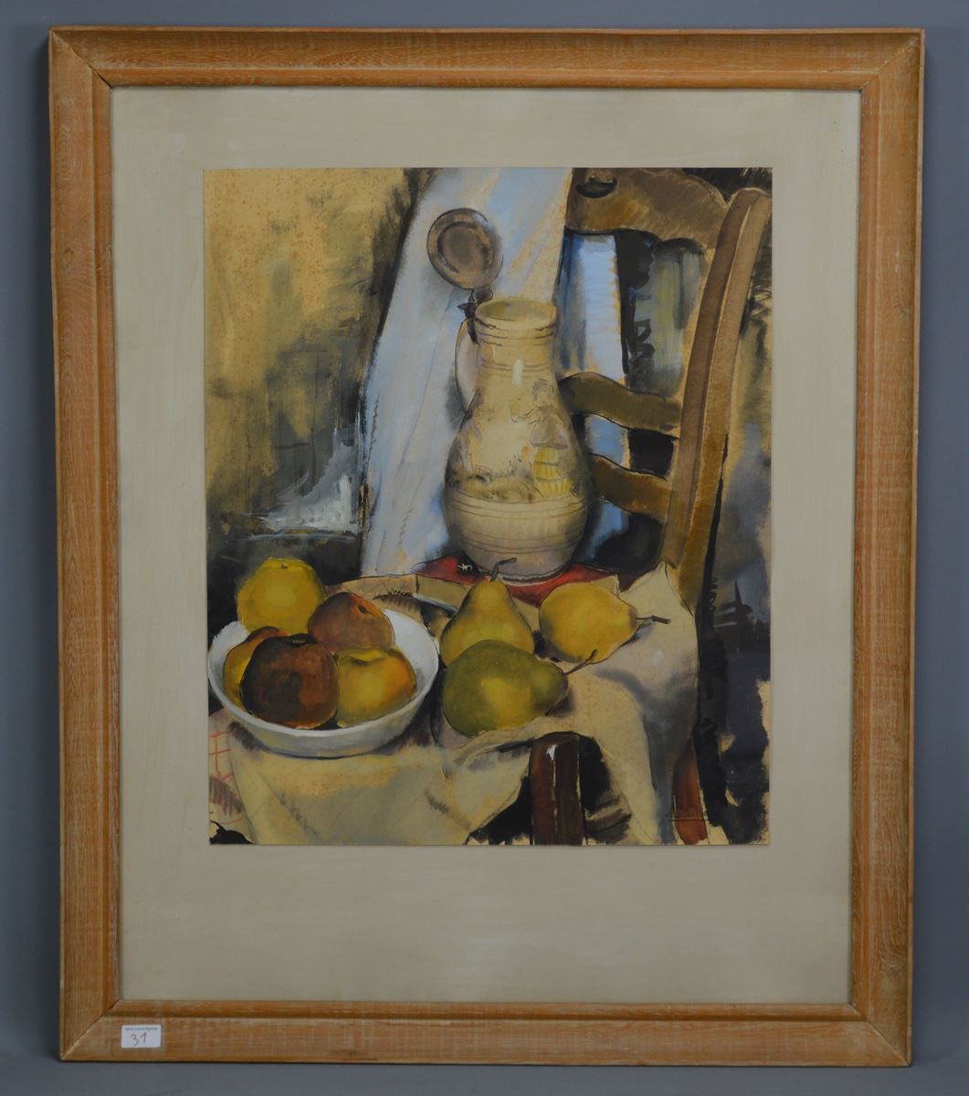 Null 水彩画，"梨和苹果的静物"，左签名：Marius Carion，60x49cm
