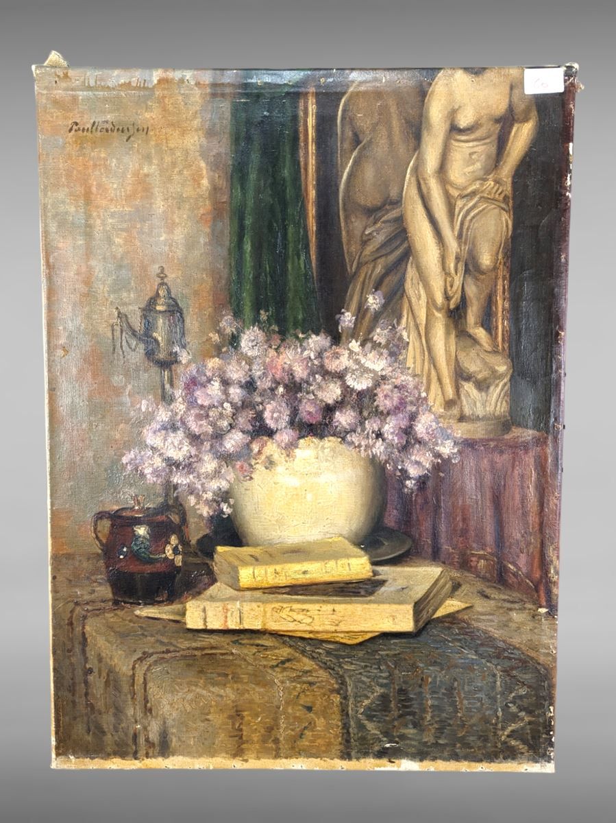 Null Huile sur toile - Intérieur au bouquet - 47x65 cm - signé