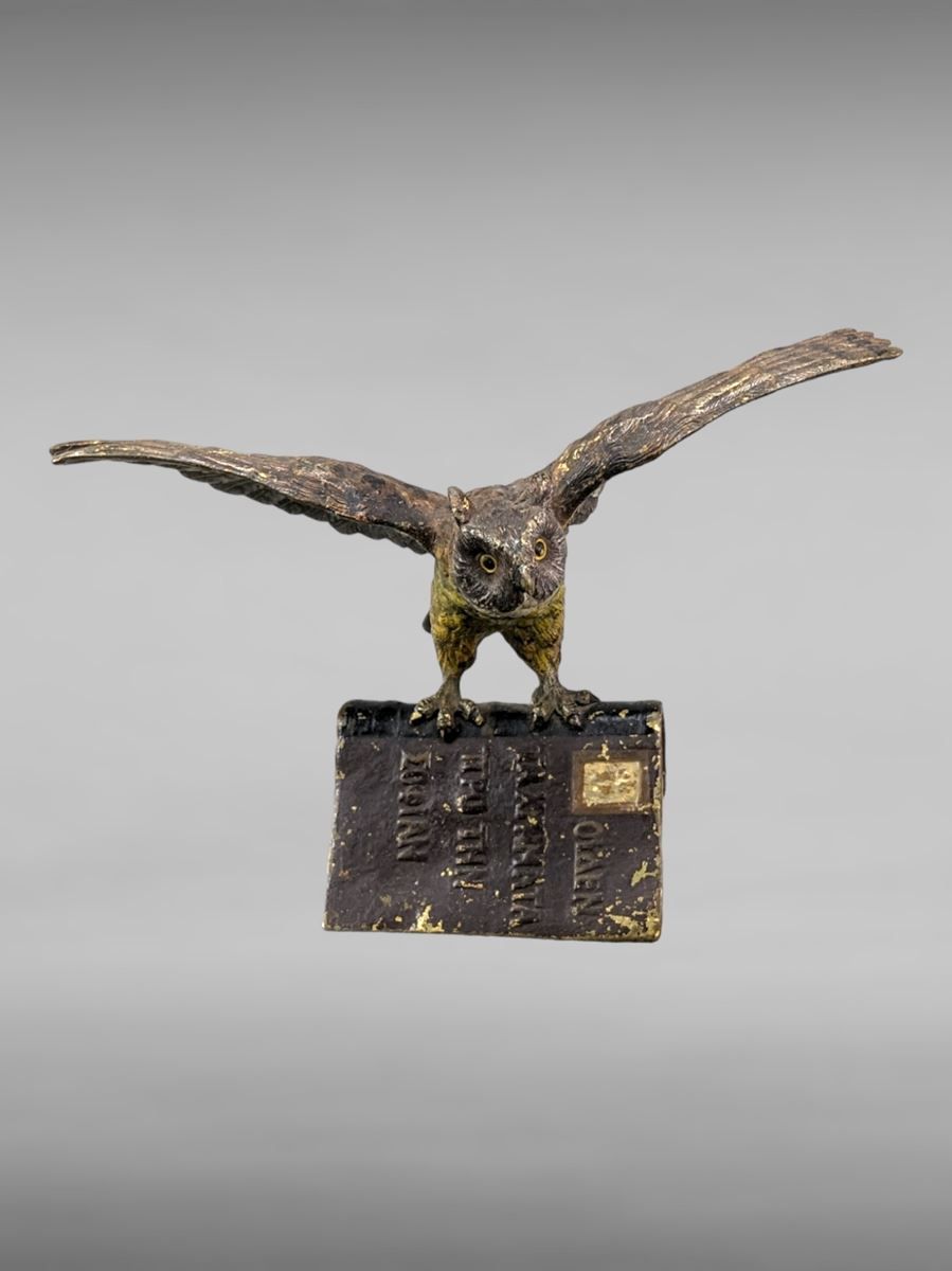 Null Polychrome bronze from Vienna - Owls on book - 13xH10 cm