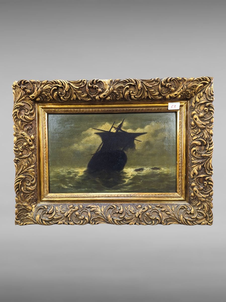 Null Oil on panel - 40x28 cm - the floating wreck - Ed. MOERENHOUT 1882