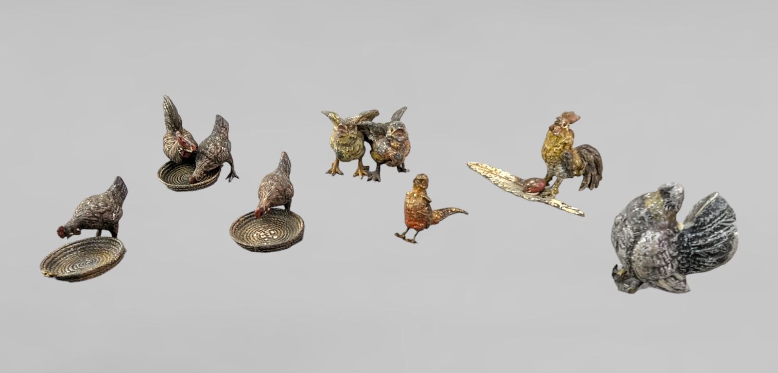 Null Conjunto de gallinas y pájaros de bronce de Viena 1900 - de H3 a H2 cm