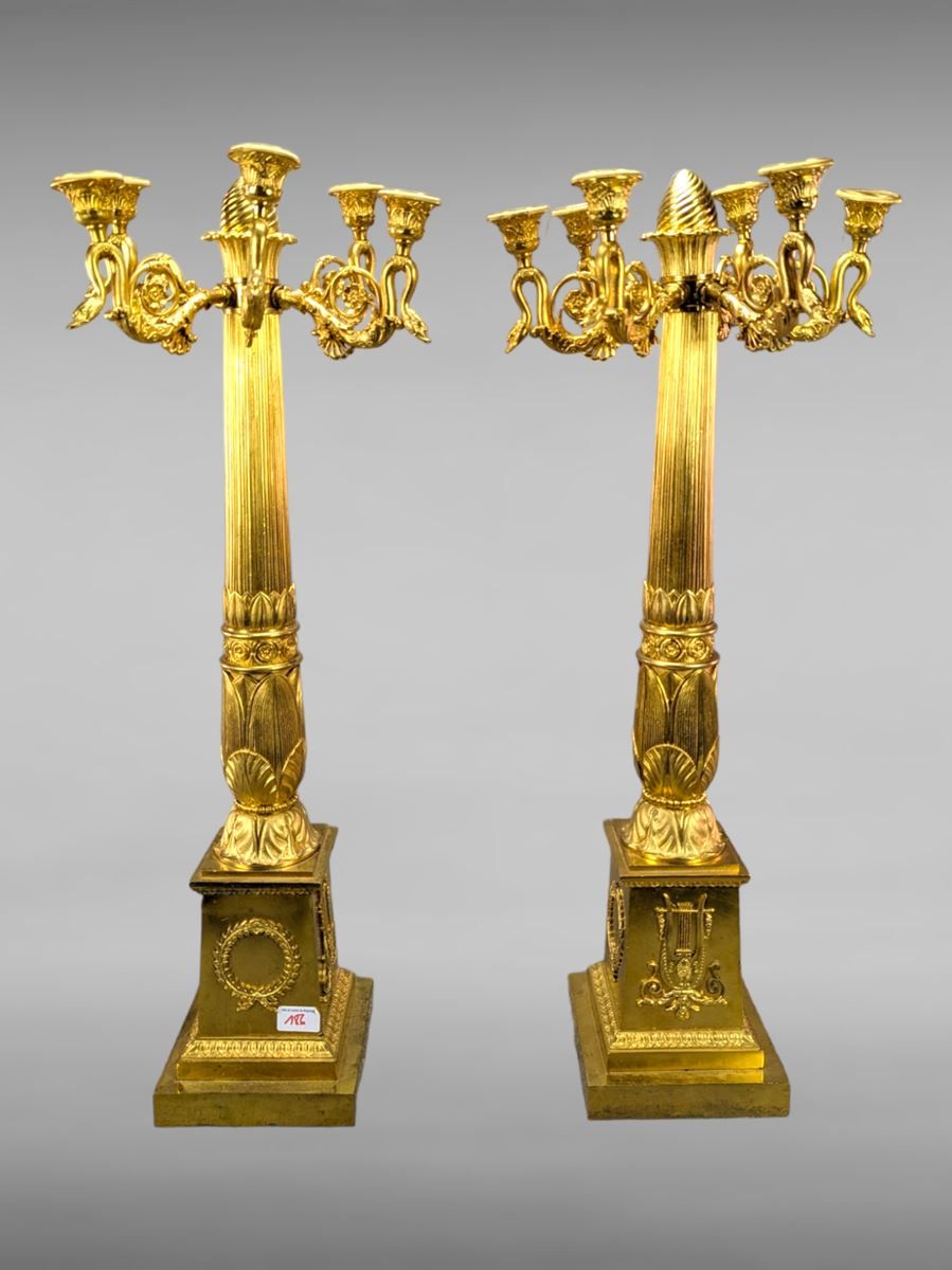 Null Important pair of candelabras of empire period in gilt bronze with 6 branch&hellip;