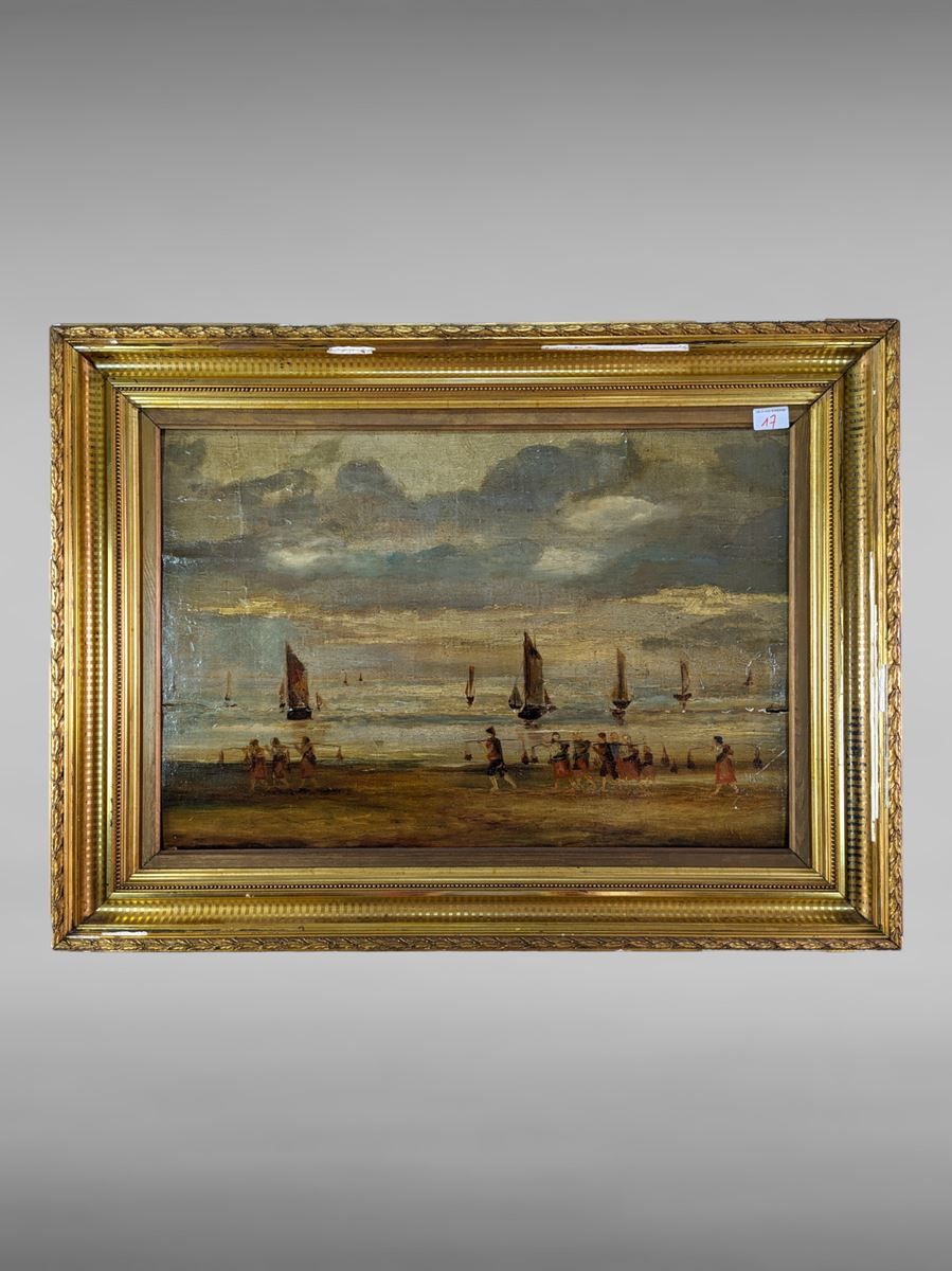 Null Óleo sobre tabla - escena marina del siglo XIX - 62x40 cm - tabla agrietada&hellip;