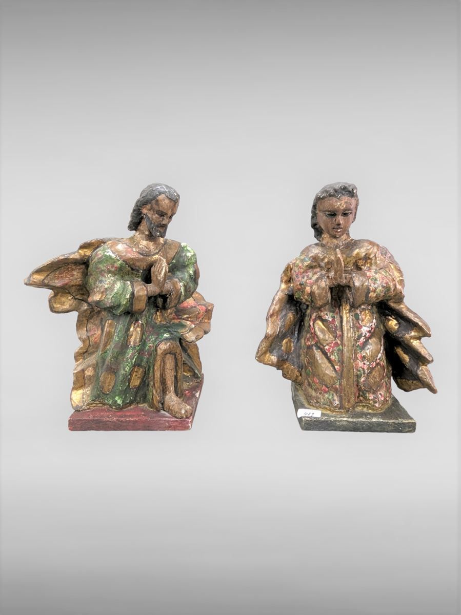 Null Paire d'angelot en bois sculpté polychrome - travail Espagnol XVIIIème - us&hellip;