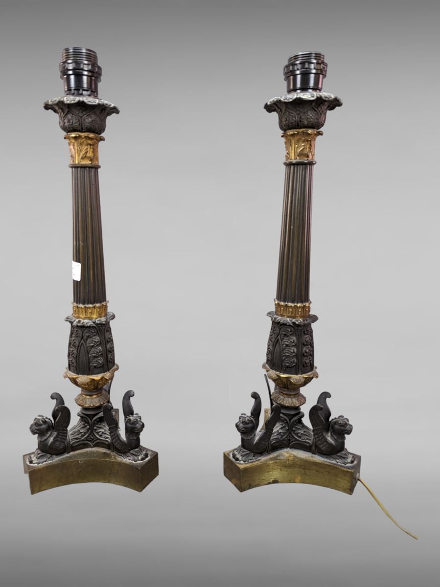 Null Pair of bronze candlesticks with two patinas - 50 cm - Charles X period - e&hellip;