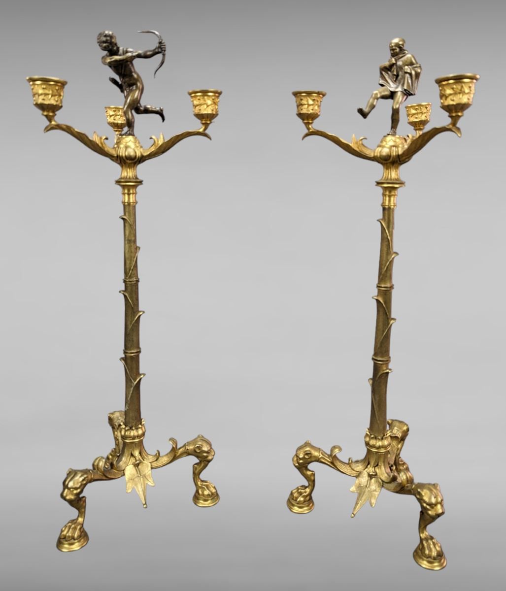 Null Paire de chandeliers en bronze deux patines - vers 1820 - Style BARBEDIENNE&hellip;