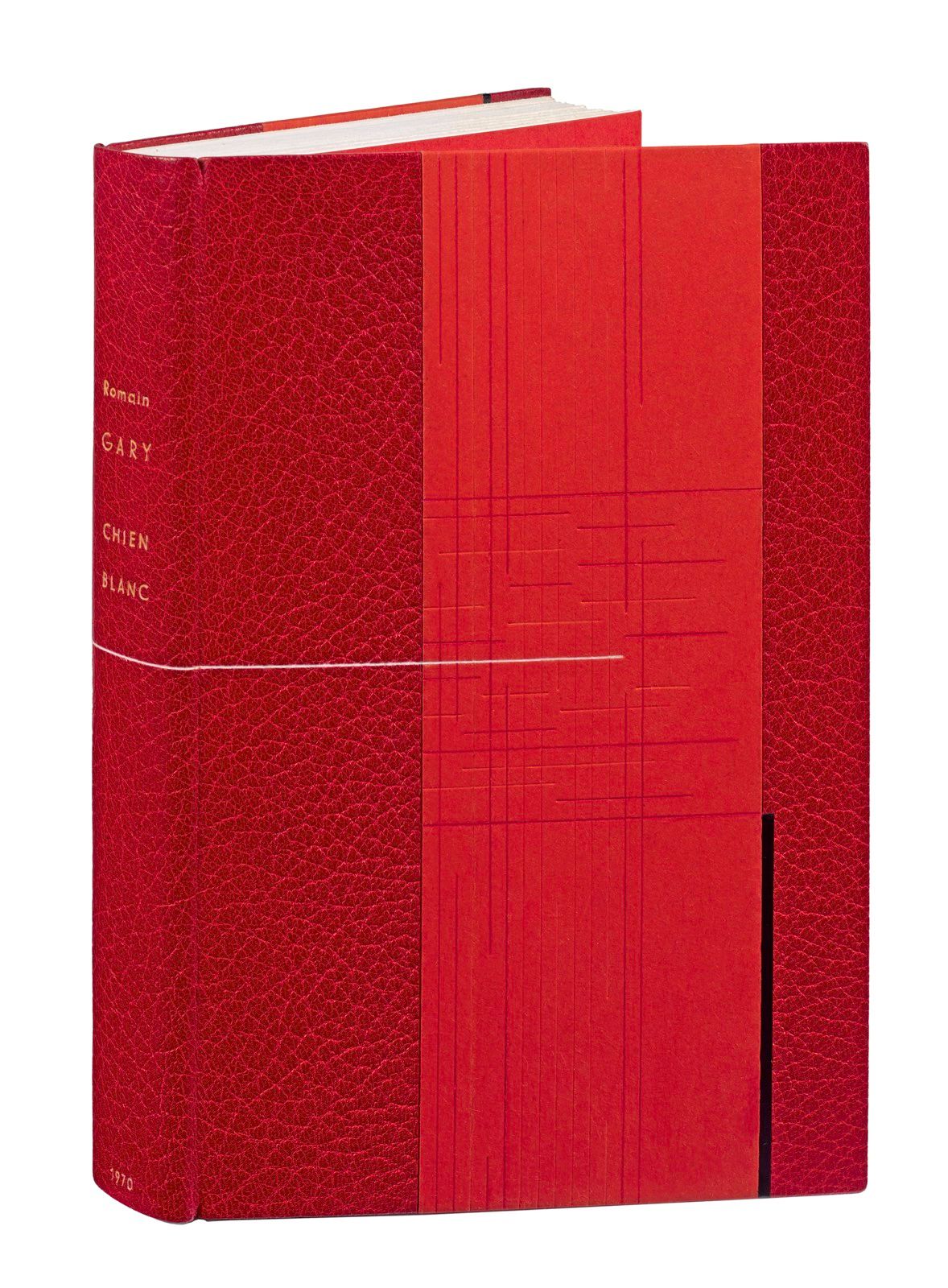 GARY (Romain). 白狗。巴黎，Gallimard出版社，1970年。8开本，带条纹的半红摩洛哥，橙色纸板，方形，有红色和无色的不连续圆角，外侧有短的&hellip;