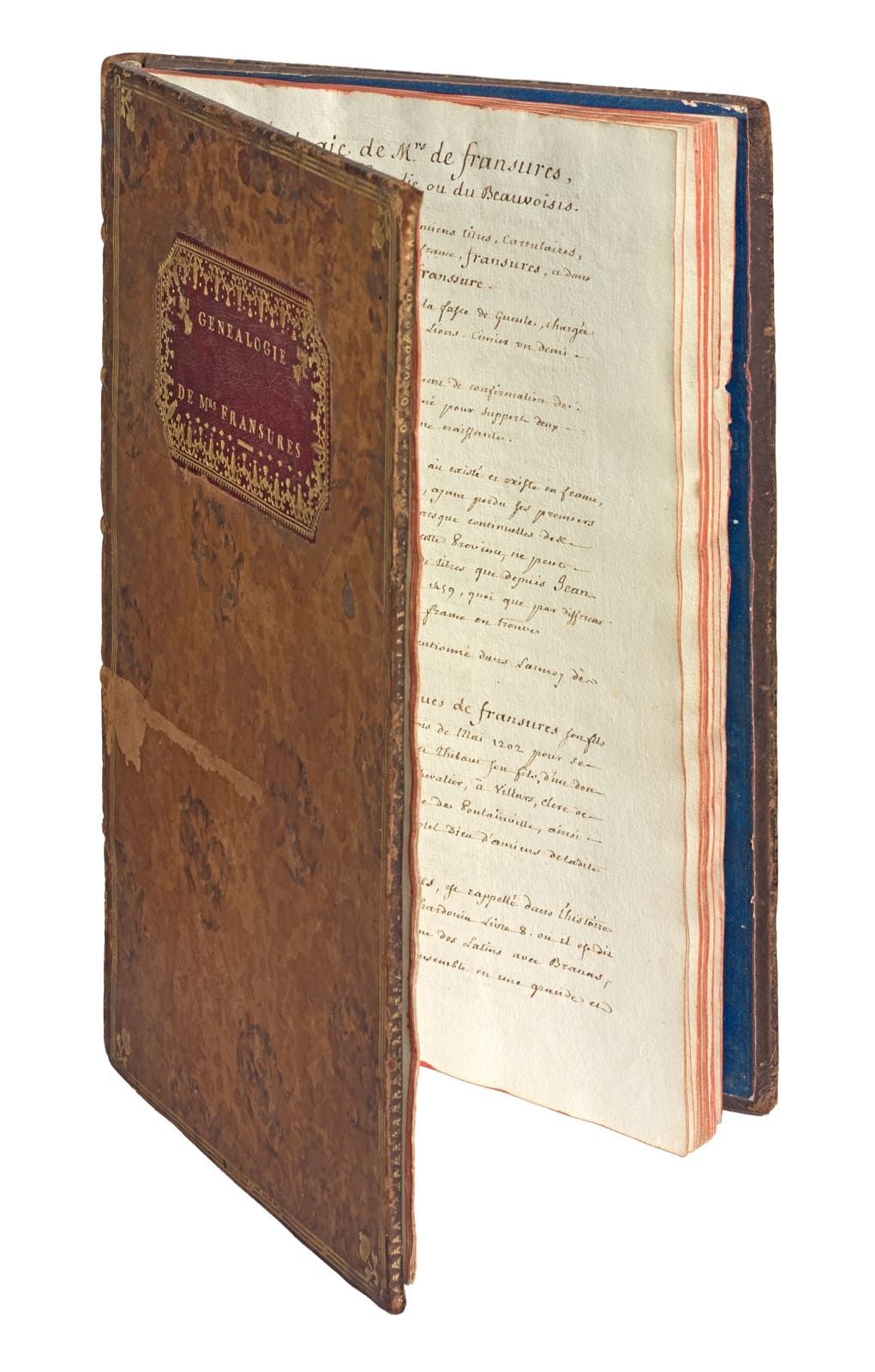 [FRANSURES]. De Fransures夫人的家谱。1780年的手稿，4开本，[28]页，大理石花纹小牛皮，三层镀金圆角和转角处的花纹，第一块木板上的&hellip;