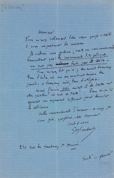 Gustave flaubert (1821-1880) L.A.S., Paris 11 février [1878], à Henri Gaidoz; 1 &hellip;