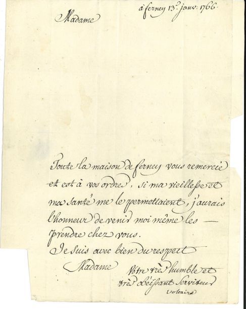 VOLTAIRE (1694-1778) L S « Voltaire », Ferney 13 janvier 1766, à la baronne de M&hellip;