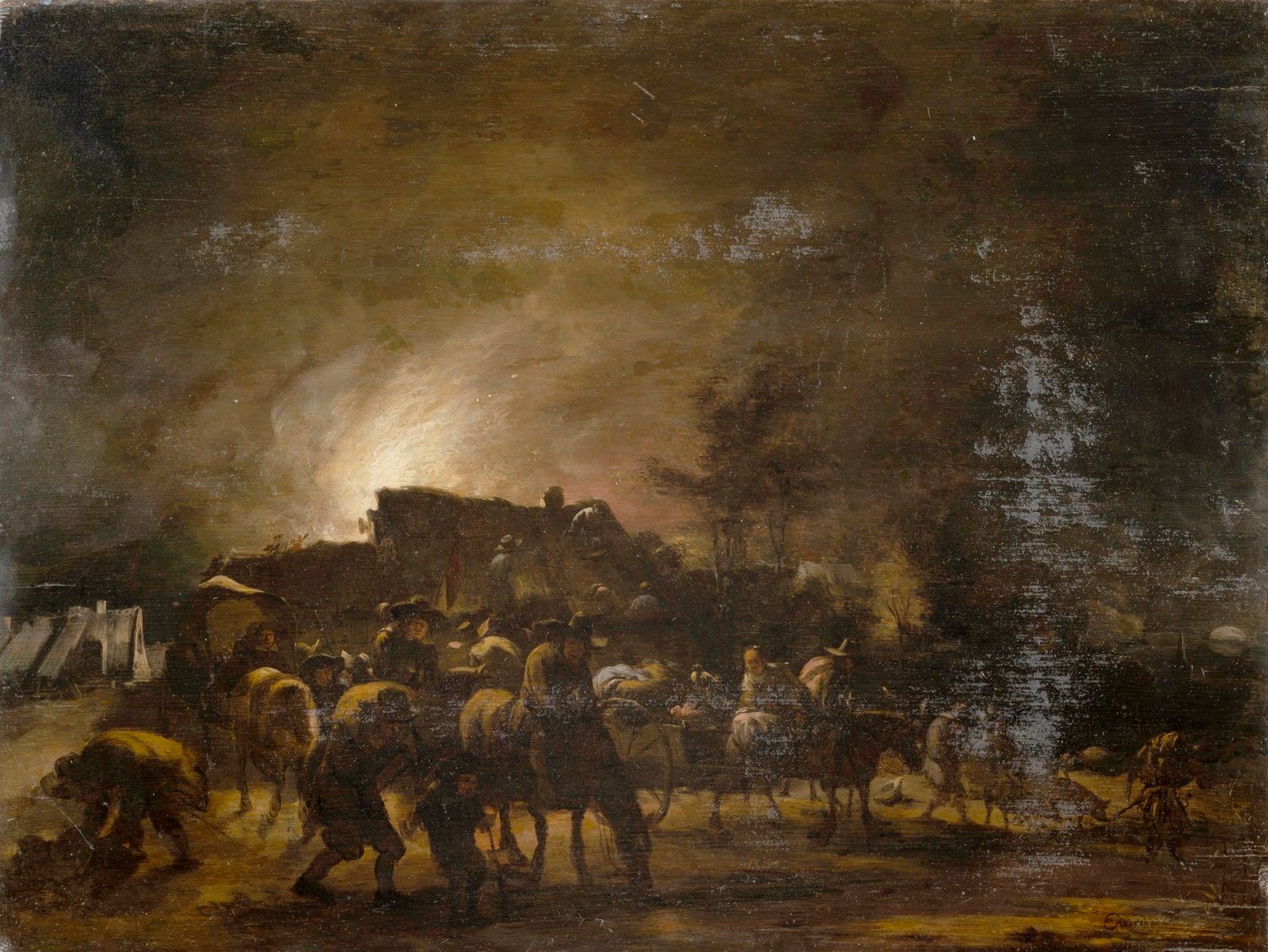 Null 埃格伯特-利文斯-范德普尔 (代尔夫特 1621 - 鹿特丹 1664)

逃离火场的农民

带镶木地板的橡木板

37 x 49 厘米

签名右下：&hellip;
