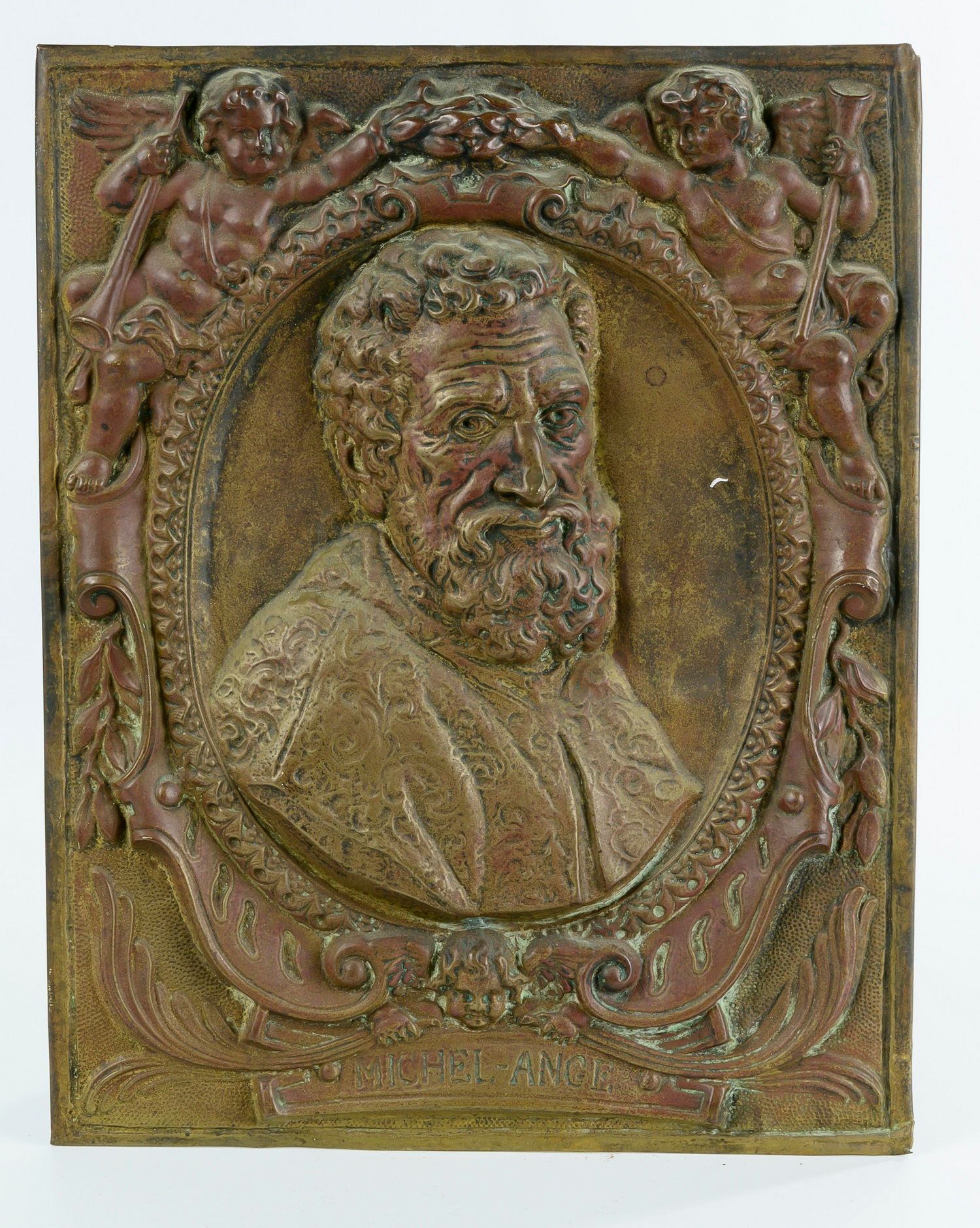 Null 19世纪的作品

MICHEL ANGE

半身像中的奖章，代表凯旋，周围有拿着喇叭的撒拉弗。

压花金属。38 x 30厘米

出处：Dominiq&hellip;
