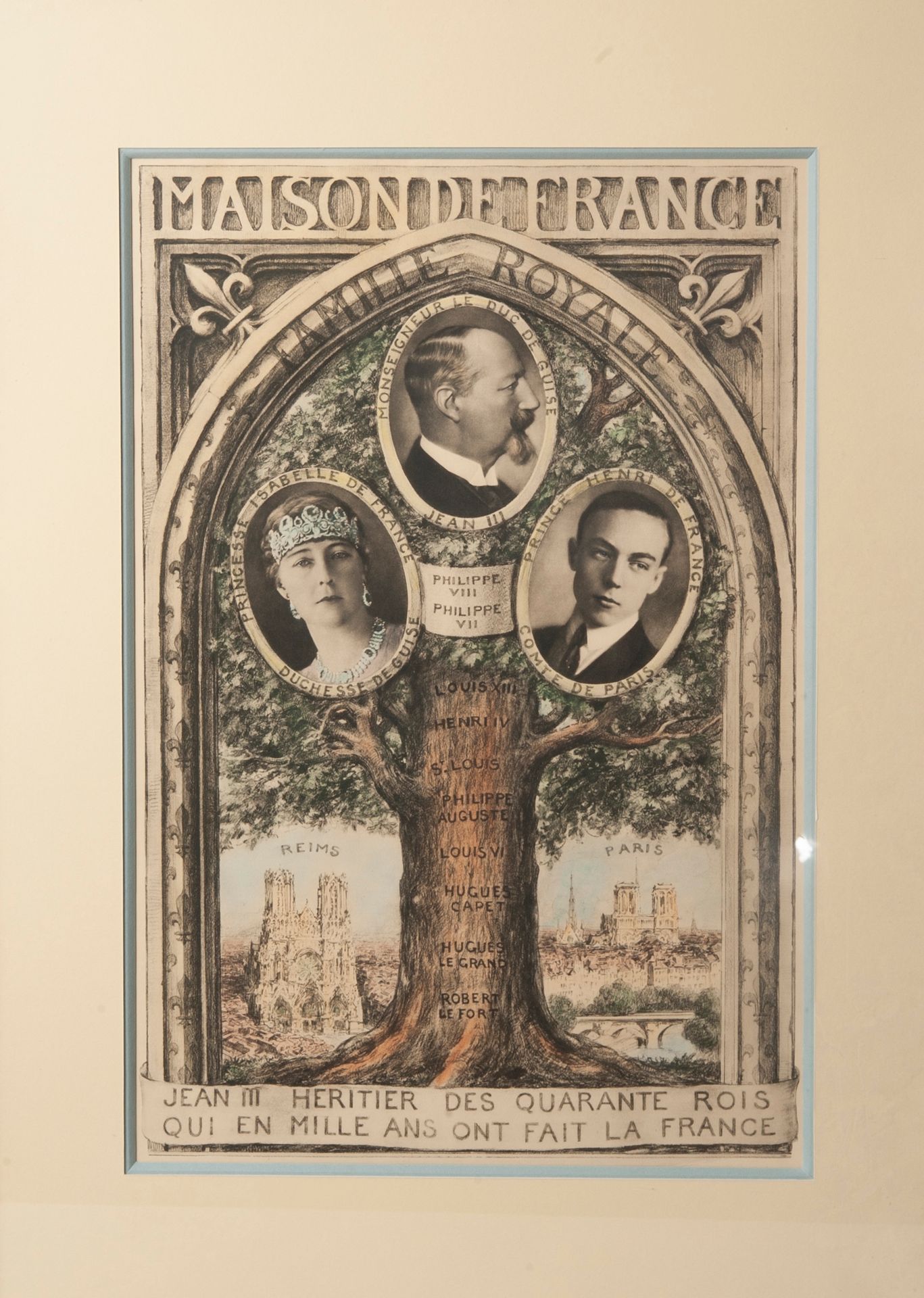 Null 奥尔良。

石版画描绘了法国国王的家谱，上面有吉斯公爵让、吉斯公爵夫人伊莎贝尔公主和巴黎伯爵亨利王子的徽章肖像。有框。

H.52 x W. 35厘米&hellip;